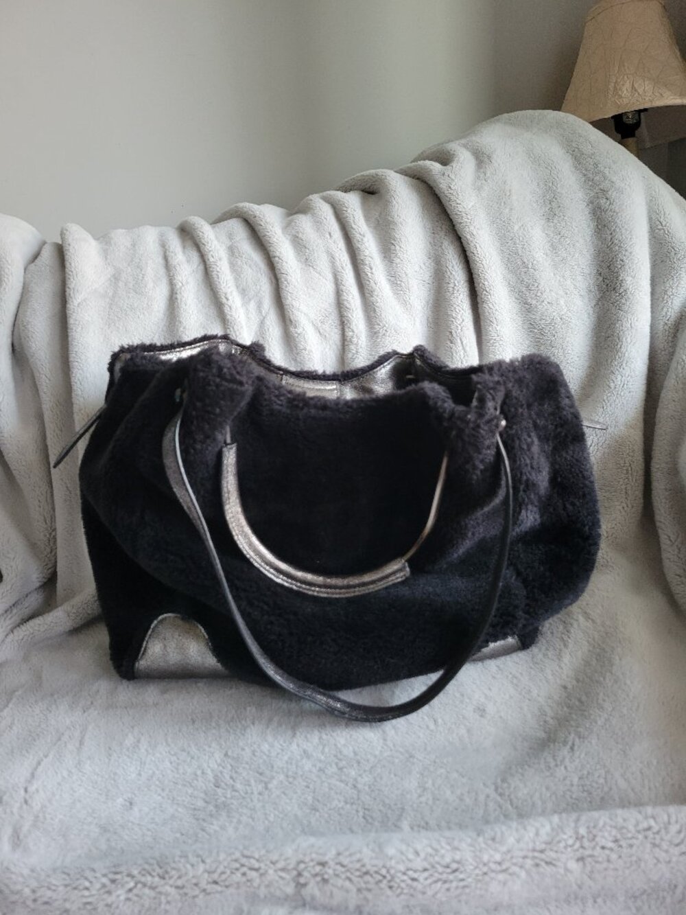 Fuzzy Shearling Tote Bag Metallic Silver Handles Purple Suede Lining